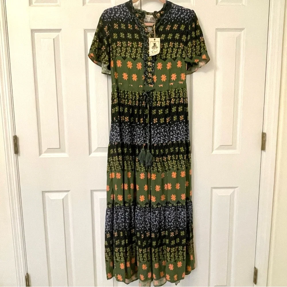 NWT Easel Blue & Green Jewel Tone Floral Patchwork Tiered Long Dress - Picture 11 of 15